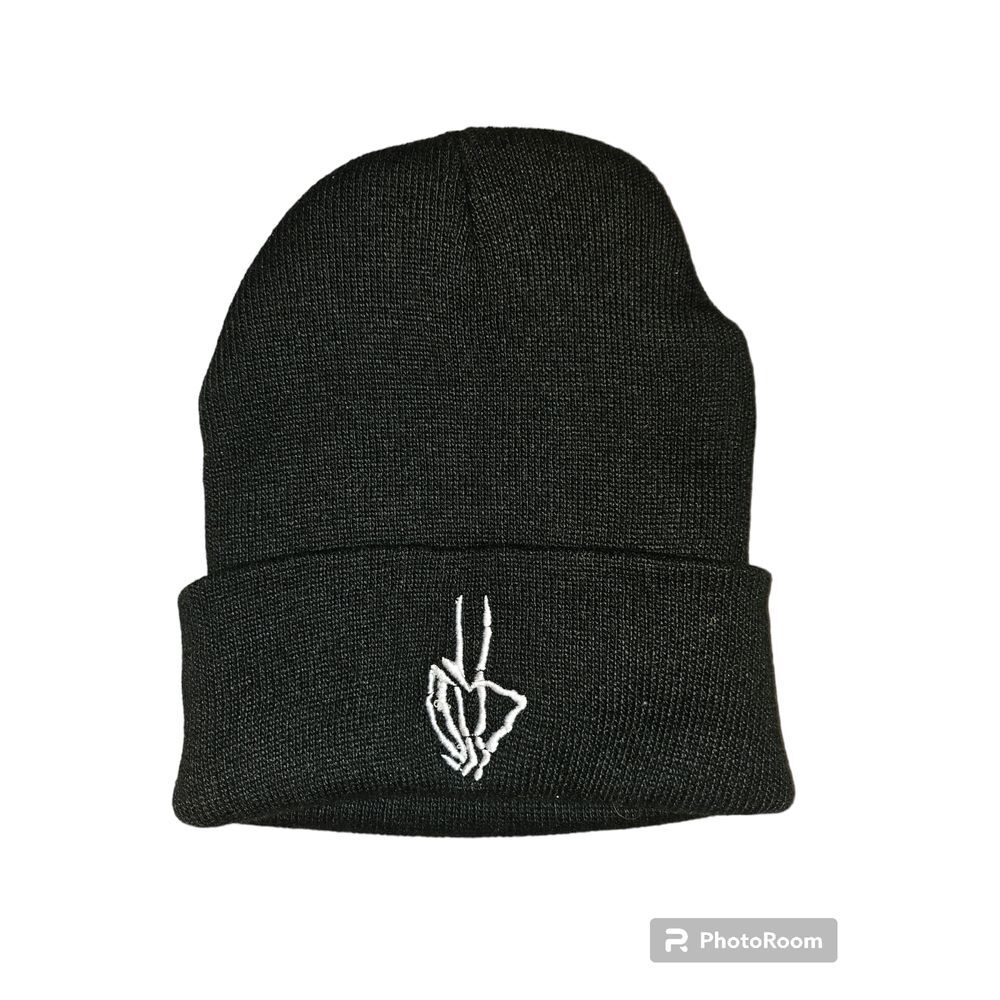 Peace Sign Skeleton Hand Winter Hat Black‎ Beanie